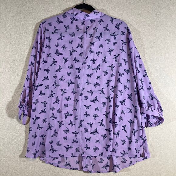 Catherine's Blouse Sz 2X Purple Butterfly Button Up 3/4 Sleeve w/Tie - Picture 6 of 7